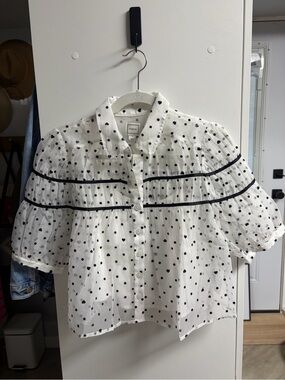 Anthropologie White Blouse with Black Polka Dots and Puff Sleeves